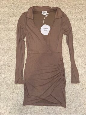 Princess Polly Taupe Ribbed Long-Sleeve Wrap Dress